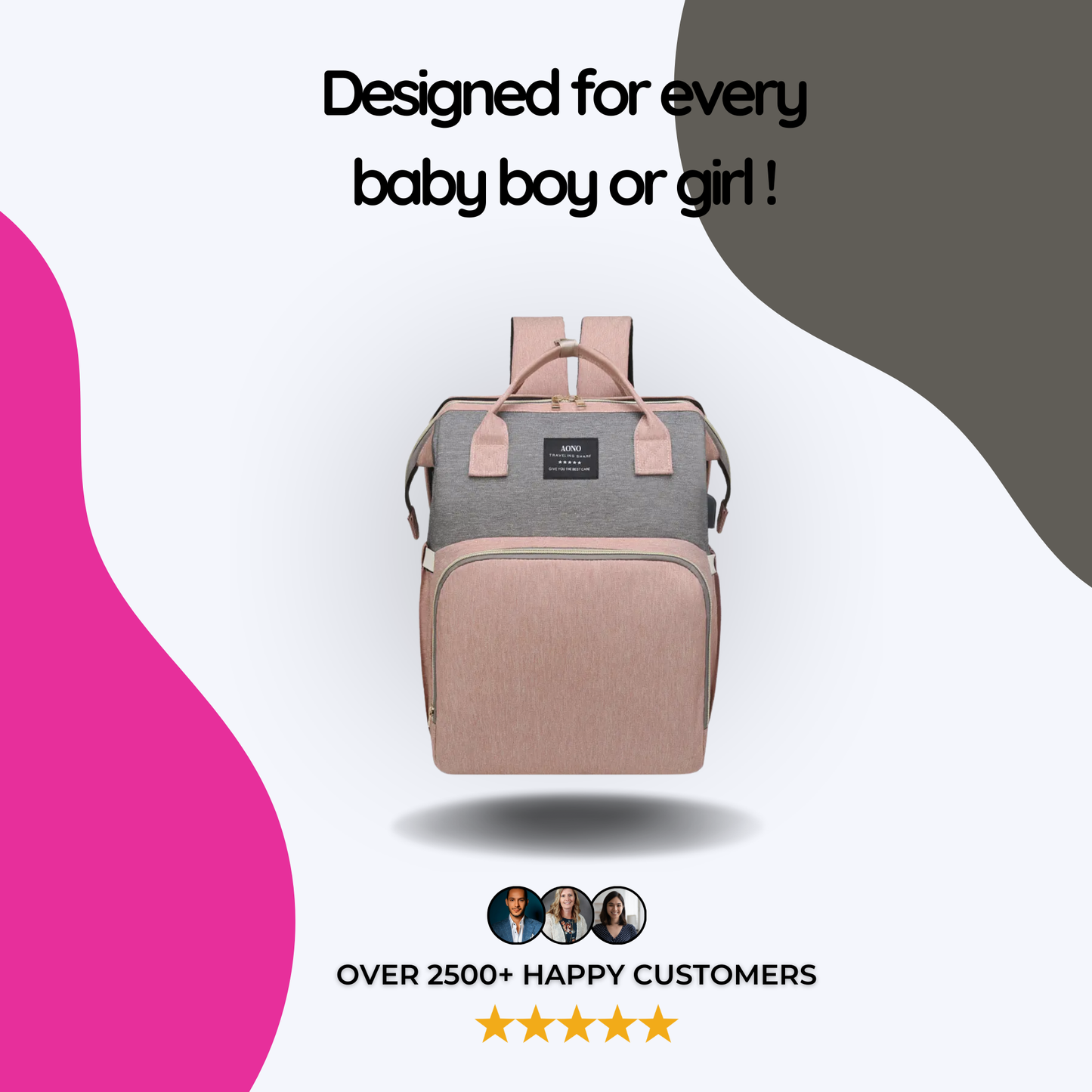 BloomCare bag -Multifunctional waterproof diaper bag backpack with changing station - Grey and Pink