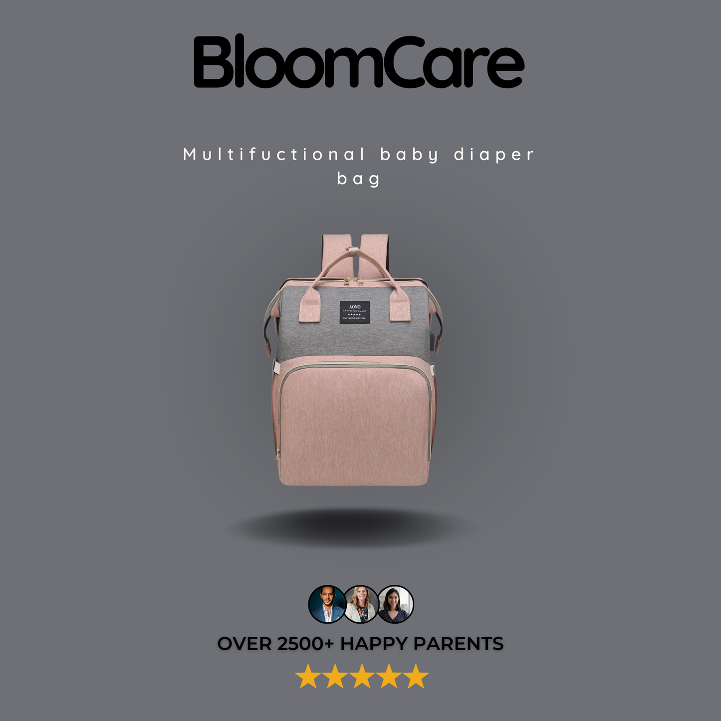 BloomCare bag -Multifunctional waterproof diaper bag backpack with changing station - Grey and Pink